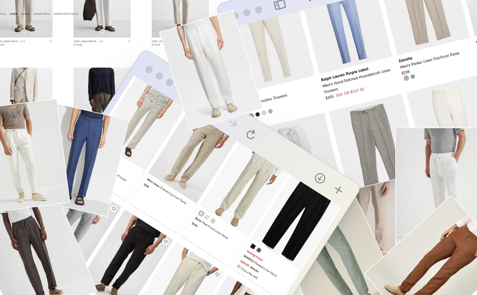 Collage of various clothing items including linen pants, trousers, and different styles showing the frustration of endless searching