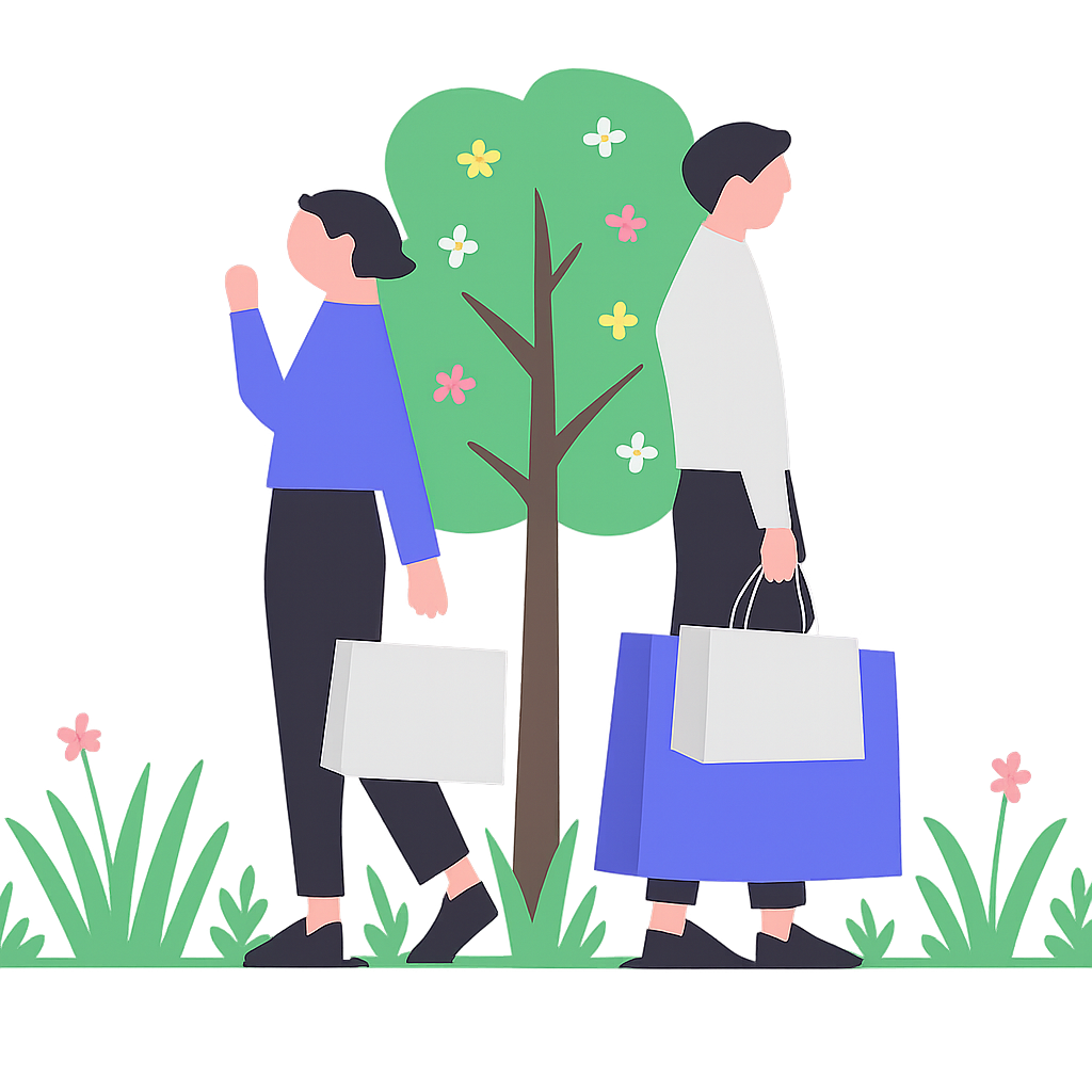 Partnership and shopping illustration showing two people shopping together